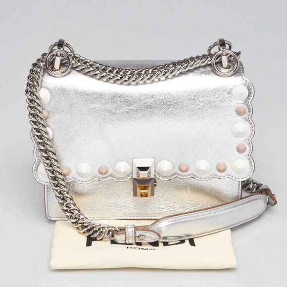 Fendi Silver Scalloped Leather and Pearls Mini I Kan Chain Shoulder Bag 8M0381 - Picture 1 of 12
